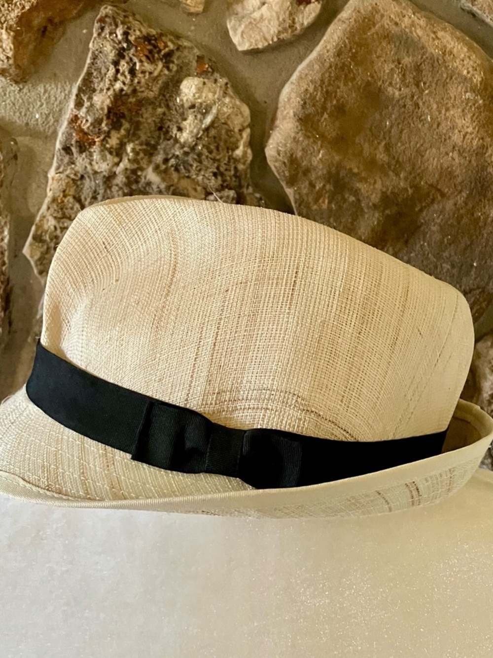 Lauren by Ralph Lauren Cream Straw Fedora with Black Ribbon